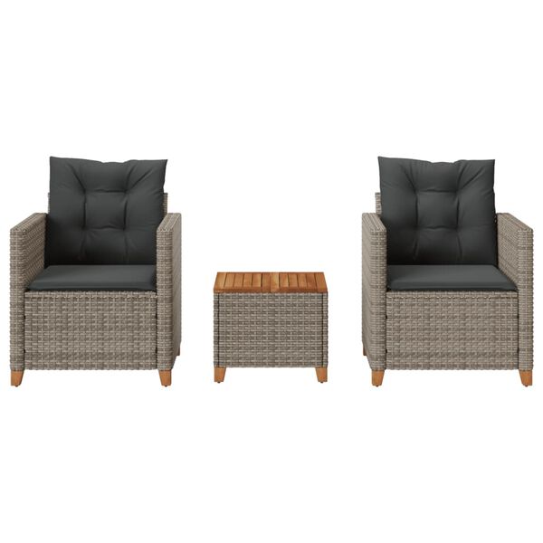 vidaXL Set da Bistrò 3 pz con Cuscini Grigio Polyrattan e Legno Acacia