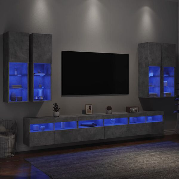 vidaXL Set Mobili TV a Muro 7 pz con Luci LED Grigio Cemento