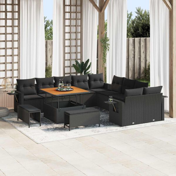 vidaXL Set Divano da Giardino con cuscino 13 pcs Nero polyrattan