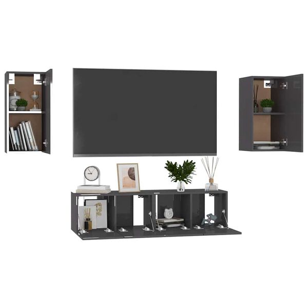 vidaXL Set Mobili TV 4 pz Grigio Lucido in Legno Multistrato