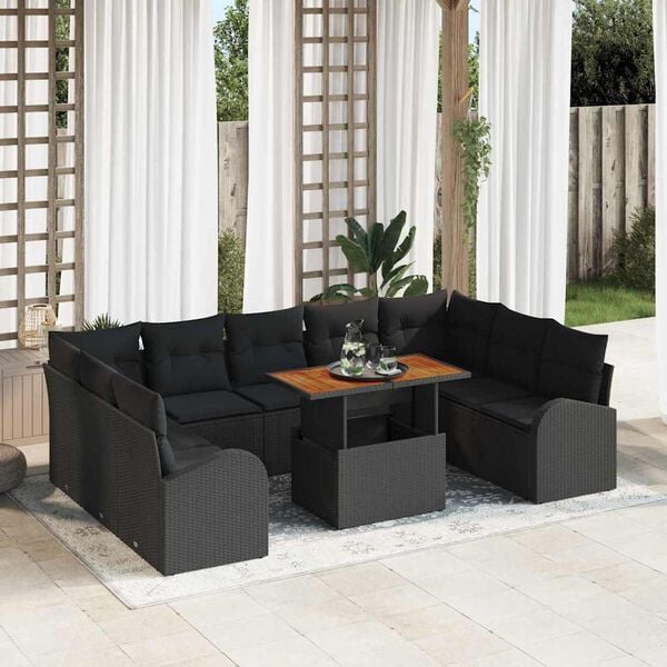 vidaXL Set Divano da Giardino 10 pcs Nero Poly Rattan