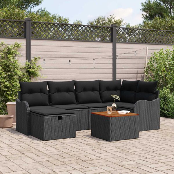 vidaXL Set Divano da Giardino con cuscino 7 pcs Nero Poly Rattan