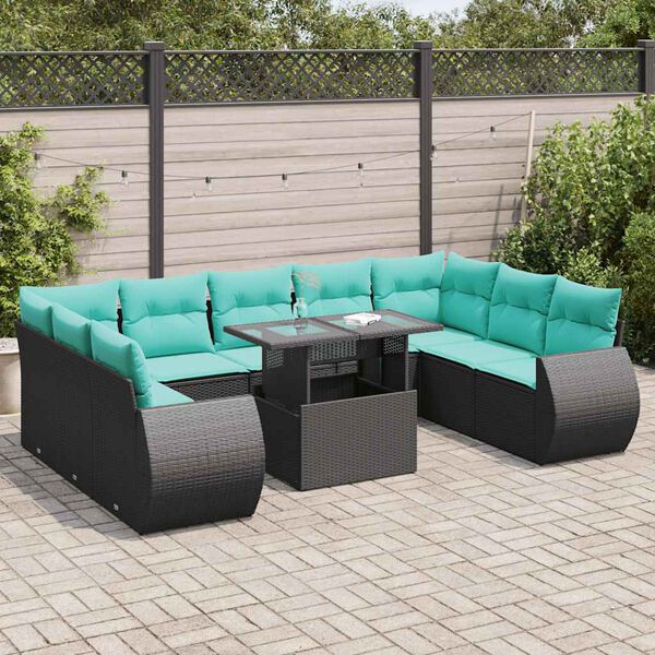 vidaXL Set Divani Giardino 10pz con Cuscini Nero in Polyrattan Acacia