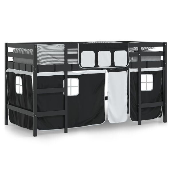 vidaXL Letto a Soppalco Bambini con Tende Bianco e Nero 90x190 cm Pino