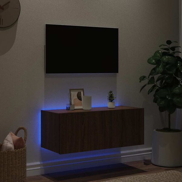 vidaXL Mobile TV a Parete con Luci LED Rovere Marrone 80x35x31 cm