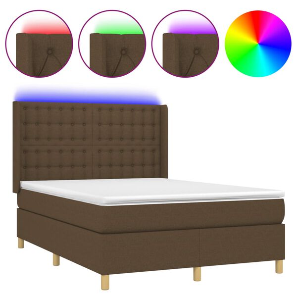 vidaXL Letto a Molle Materasso e LED MarroneScuro 140x190cm in Tessuto