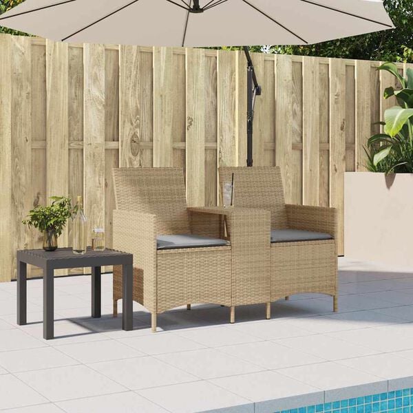 vidaXL Divano Giardino 2 Posti con Tavolo e Cuscini Beige Polyrattan