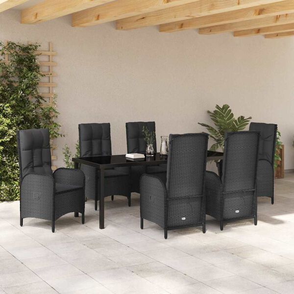 vidaXL Set da Pranzo per Giardino con cuscino 7 pcs Nero polyrattan