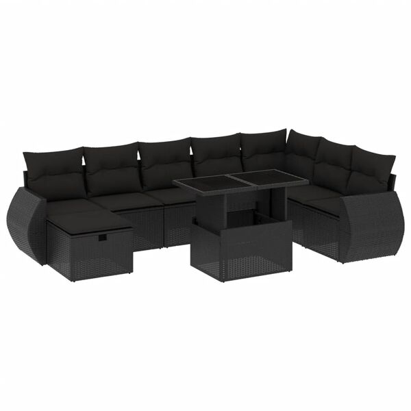 vidaXL Set Divani da Giardino 9 pz con Cuscini Nero in Polyrattan