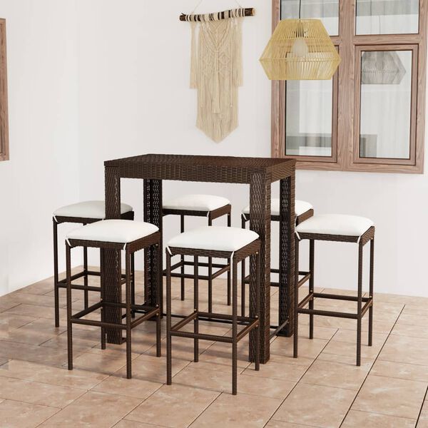 vidaXL Set da Bar da Giardino 7 pz con Cuscini in Polyrattan Marrone
