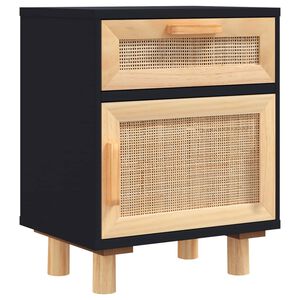 vidaXL Comodino Nero in Legno Massello di Pino e Rattan Naturale