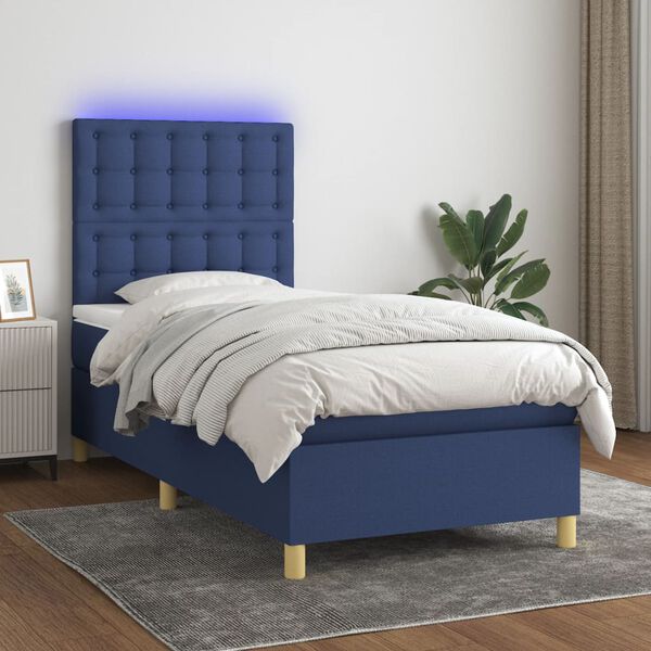 vidaXL Letto a Molle con Materasso e LED Blu 90x190 cm in Tessuto