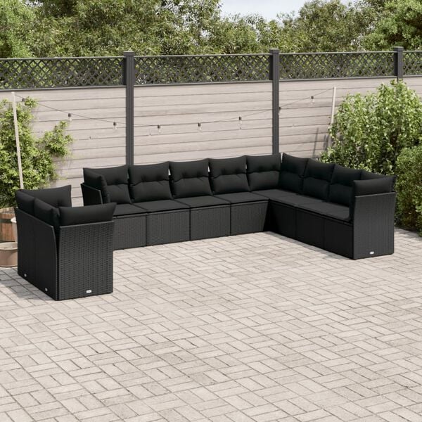 vidaXL Set Divani da Giardino 10pz con Cuscini in Polyrattan Nero