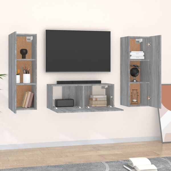 vidaXL Set Mobili Porta TV 3 pz Grigio Sonoma in Legno Multistrato