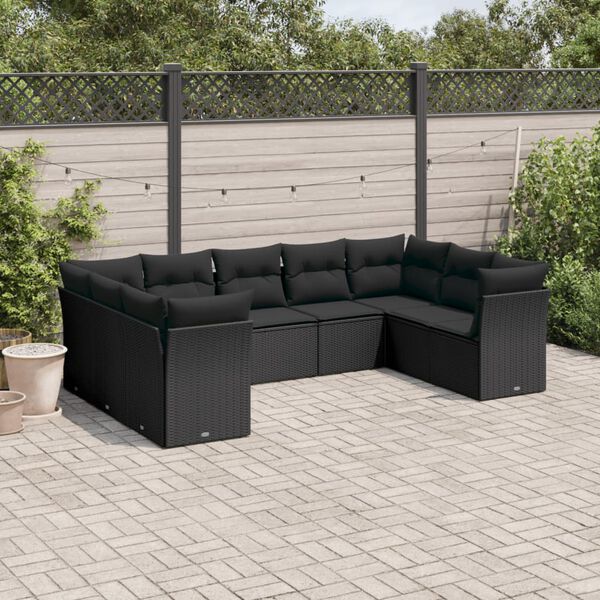 vidaXL Set Divani da Giardino 9 pz con Cuscini Nero in Polyrattan