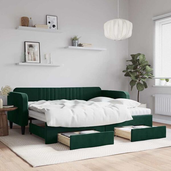 vidaXL Divano Letto Estraibile Cassetti Verde Scuro 90x200cm Velluto