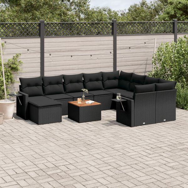 vidaXL Set Divani da Giardino 11 pz con Cuscini in Polyrattan Nero