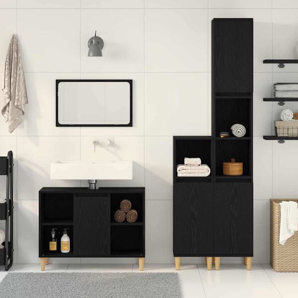 vidaXL Set di mobili per il bagno 3 pcs Nero Legno multistrato