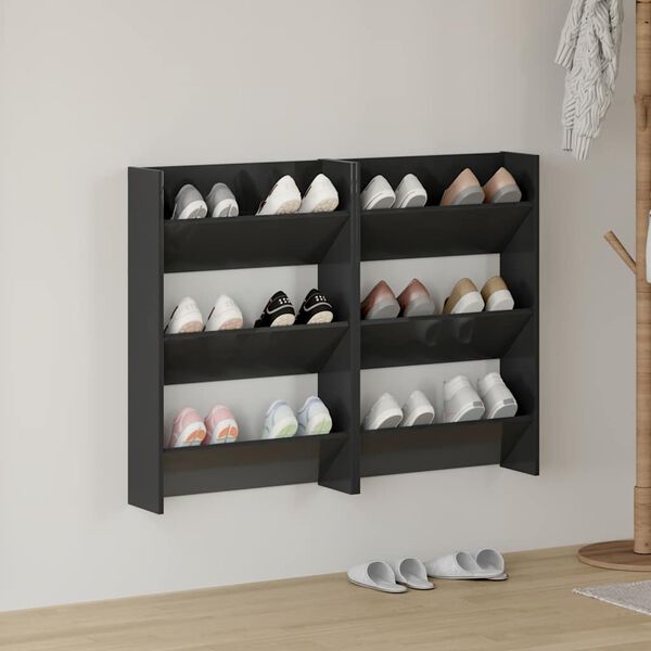vidaXL Scarpiere a Muro 2pz Nero Lucido 60x18x90cm Legno Multistrato