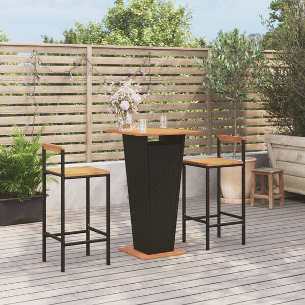 vidaXL Set Bar Giardino 3 pz Nero Polyrattan e Legno Massello Acacia