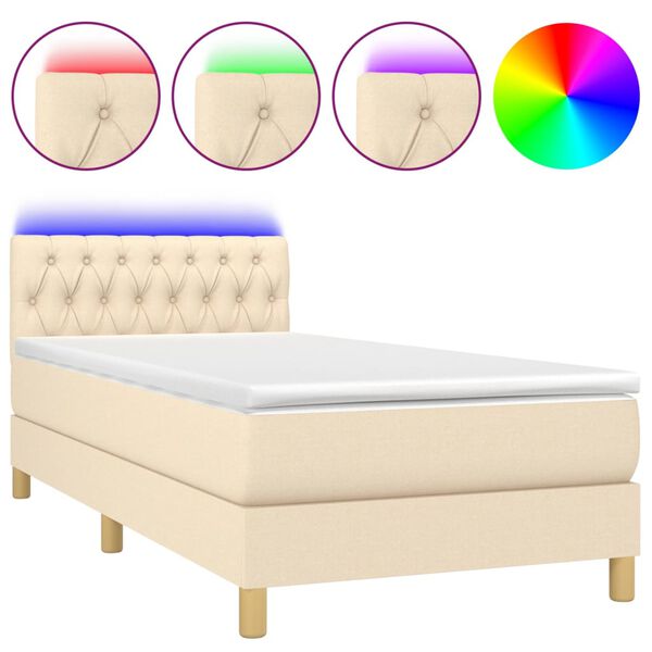 vidaXL Letto a Molle con Materasso e LED Crema 100x200cm in Tessuto
