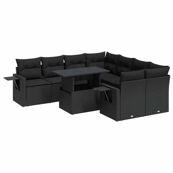 vidaXL Set Divani da Giardino 9 pz con Cuscini Nero in Polyrattan