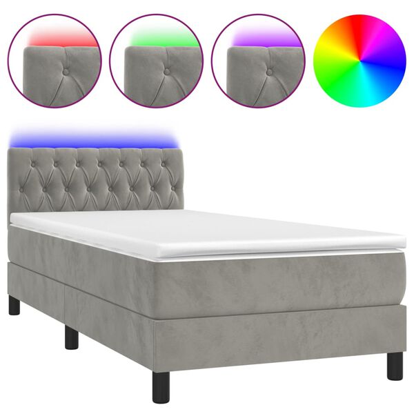 vidaXL Letto a Molle con Materasso e LED Grigio Chiaro 90x190 cm Velluto