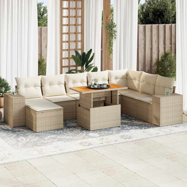 vidaXL Set Divano da Giardino 9 pz con Cuscini Beige Polyrattan Acacia