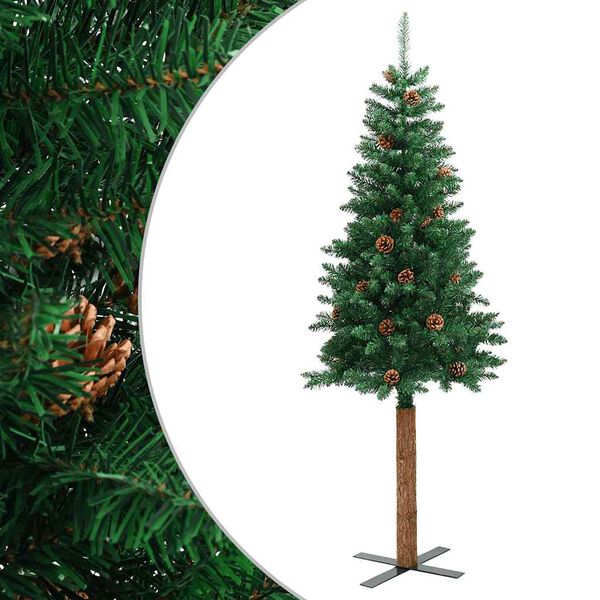 vidaXL Albero di Natale Sottile con Legno Vero e Pigne Verde 210cm PVC