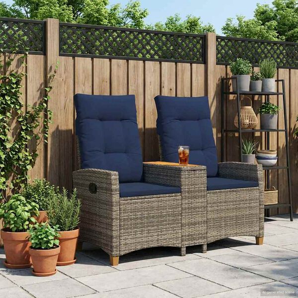 vidaXL Panchina reclinabile con tavolo Grigio e Blu Navy polyrattan