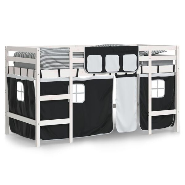 vidaXL Letto a Soppalco Bambini con Tende Bianco e Nero 90x190 cm Pino