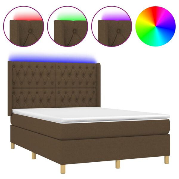 vidaXL Letto a Molle Materasso e LED MarroneScuro 140x190cm in Tessuto