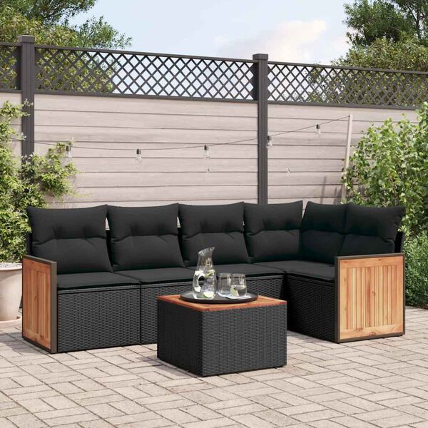 vidaXL Set Divano da Giardino 6 pz con Cuscini Nero in Polyrattan