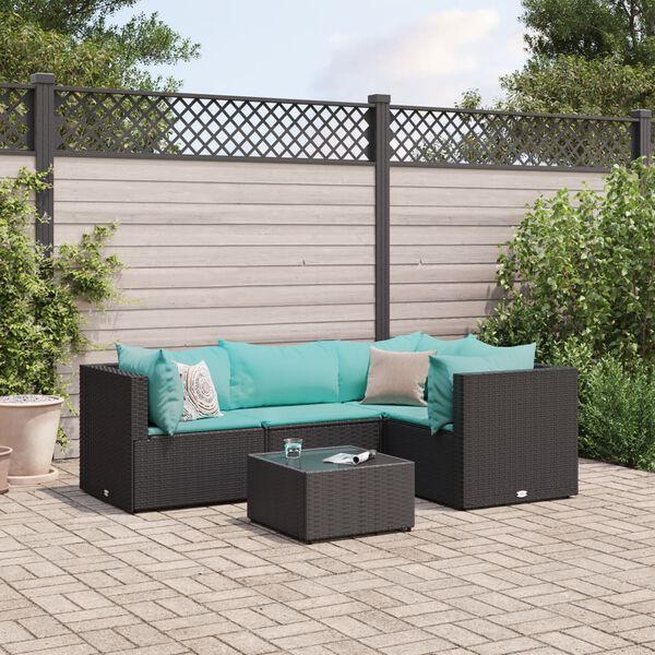 vidaXL Set Divani da Giardino 5 pz con Cuscini Nero in Polyrattan