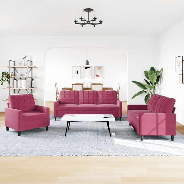 vidaXL Set di Divani 3 pz con Cuscini Rosso Vino in Velluto