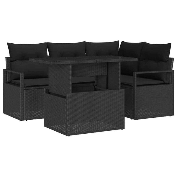 vidaXL Set Divano da Giardino con cuscino 5 pcs Nero Poly Rattan