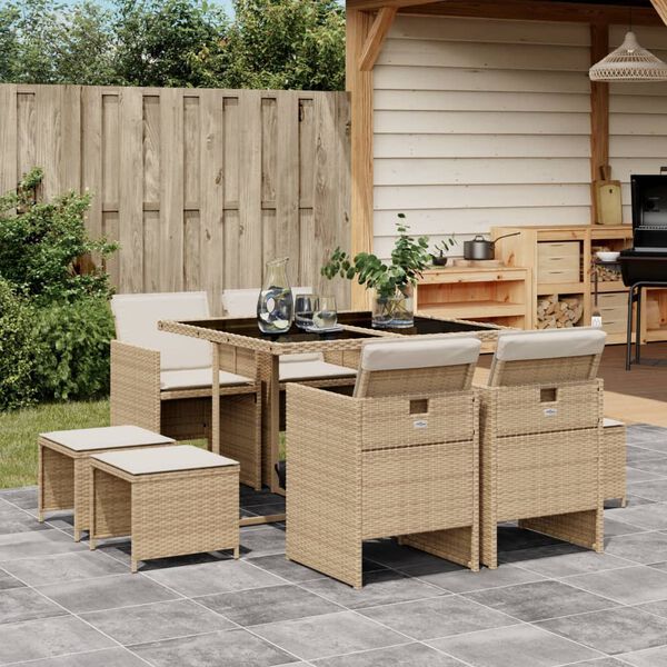 vidaXL Set da Pranzo da Giardino 9 pz con Cuscini Beige in Polyrattan