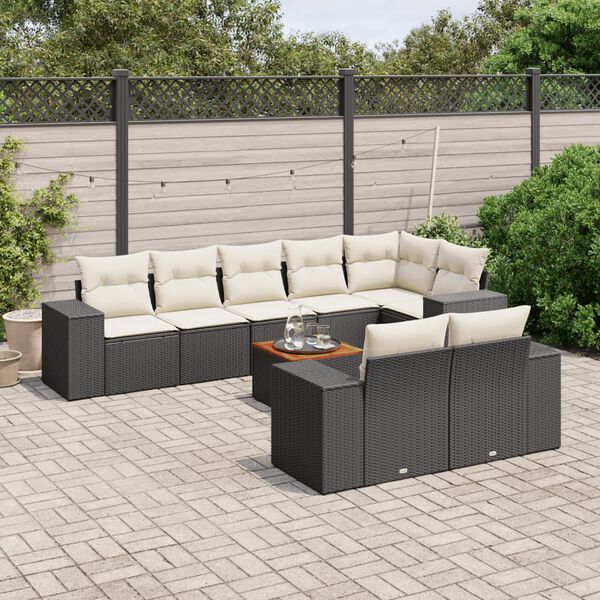 vidaXL Set Divani da Giardino 9 pz con Cuscini Nero in Polyrattan