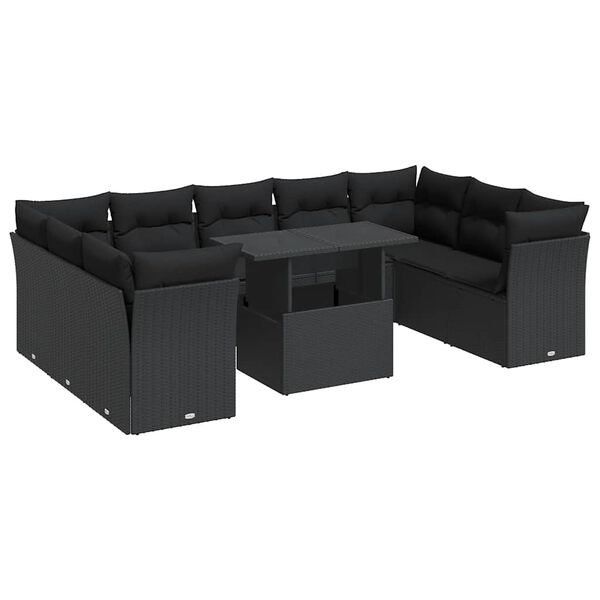 vidaXL Set Divani da Giardino 10pz con Cuscini in Polyrattan Nero