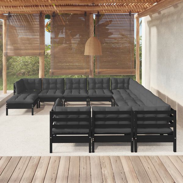 vidaXL Set Divani da Giardino 12 pz con Cuscini Neri in Legno di Pino