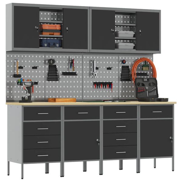 vidaXL Mobile da lavoro 10 pcs Nero Legno ingegnerizzato e acciaio