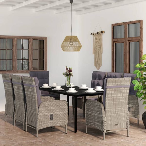 vidaXL Set da Pranzo da Giardino 9 pz con Cuscini Nero e Grigio