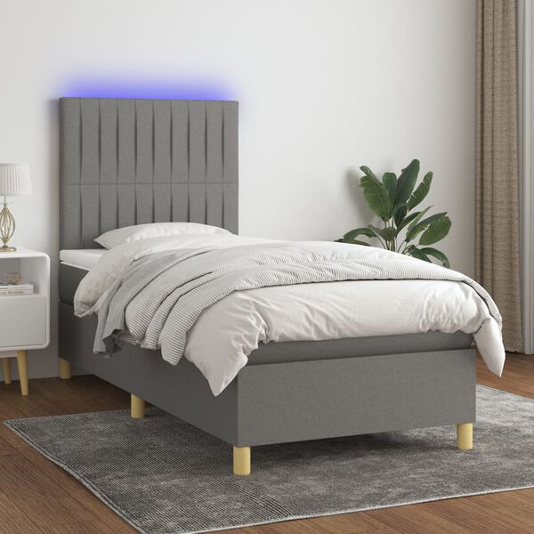 vidaXL Letto a Molle Materasso e LED Grigio Scuro 90x200 cm in Tessuto