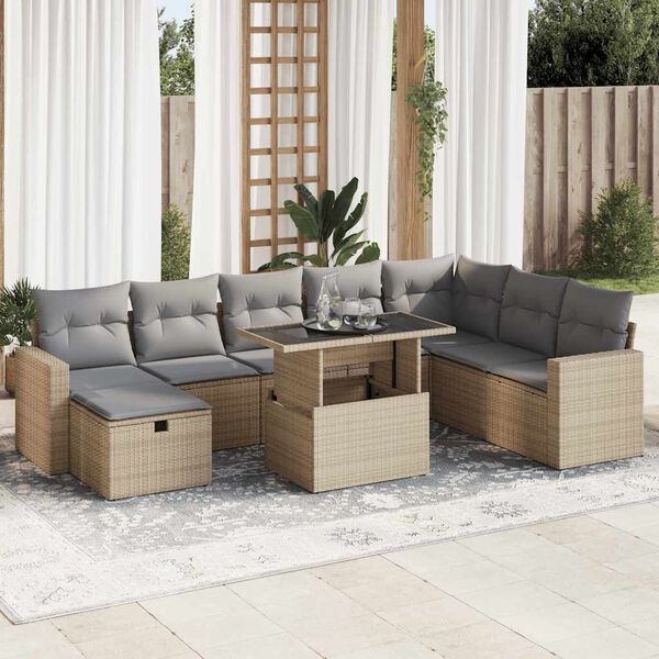 vidaXL Set Divano da Giardino 9 pz con Cuscini Beige in Polyrattan