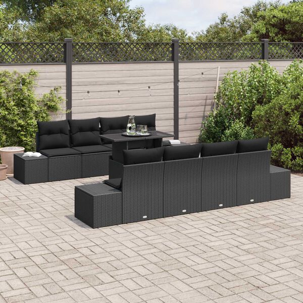 vidaXL Set Divano da Giardino con cuscino 9 pcs Nero polyrattan