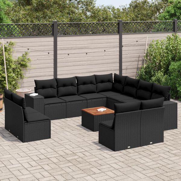 vidaXL Set Divani da Giardino 12 pz con Cuscini Nero in Polyrattan