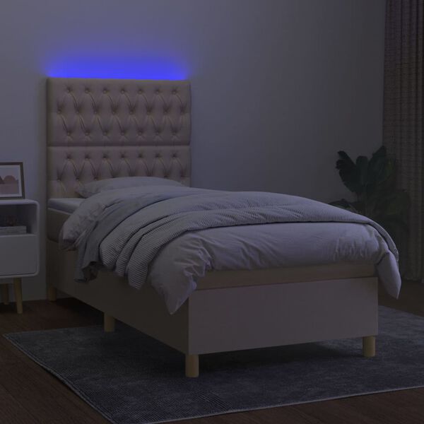 vidaXL Letto a Molle con Materasso e LED Crema 90x190 cm in Tessuto
