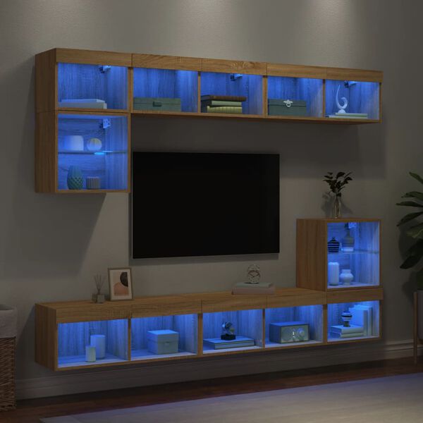 vidaXL Mobili TV a Muro con LED 8pz Rovere Sonoma Legno Multistrato