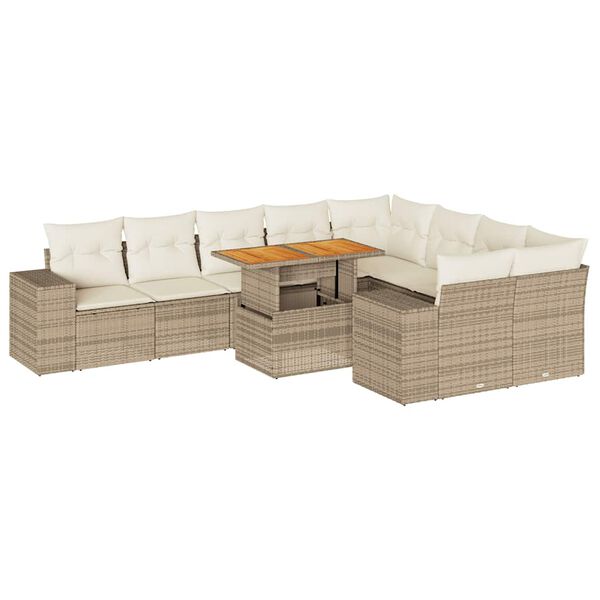 vidaXL Divano da Giardino 10 pz con Cuscini Beige in Polyrattan Acacia