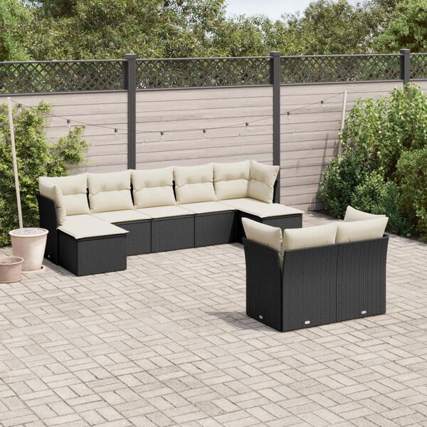 vidaXL Set Divani da Giardino 9 pz con Cuscini Nero in Polyrattan